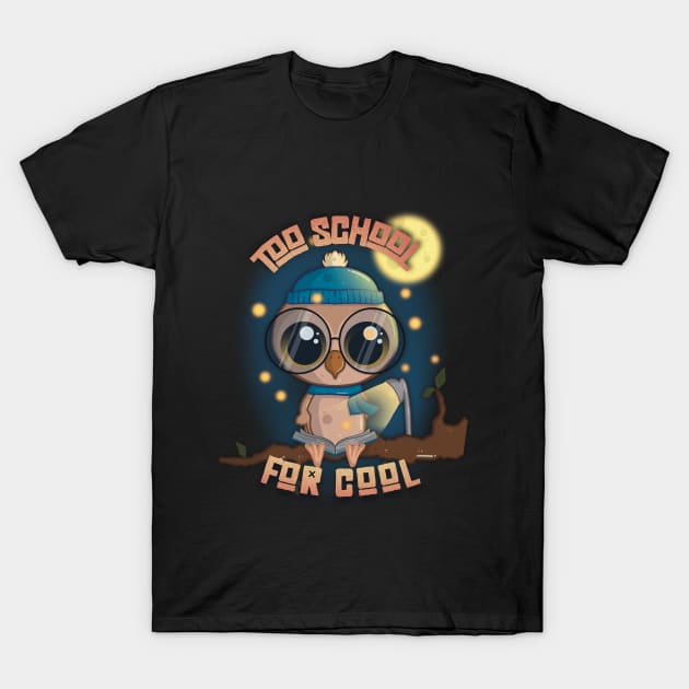 Too School for Cool Cute Owl Reading a Book at Night T-Shirt by LittleBearBlue